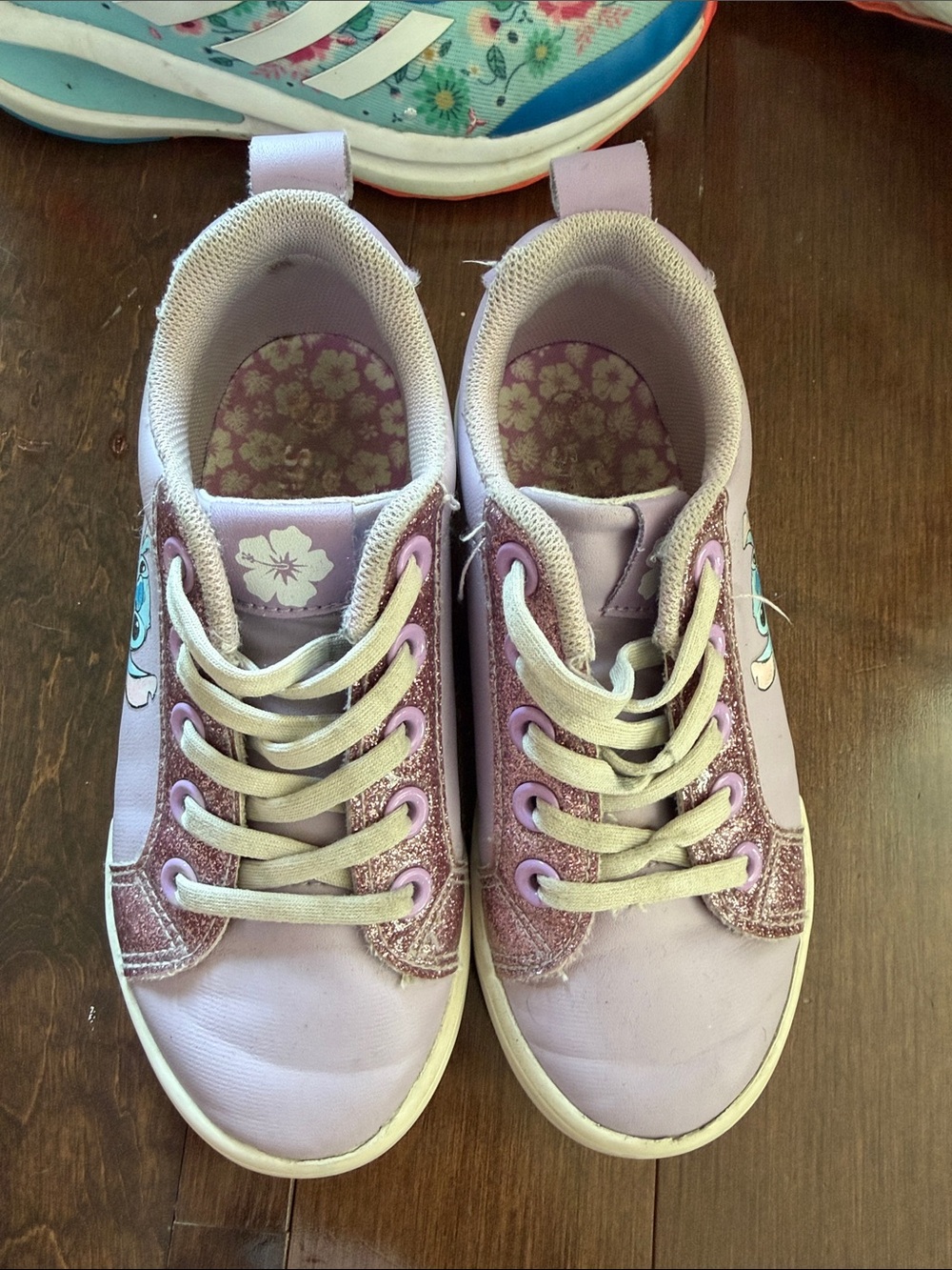 Kids Lavender Glitter Lace-Up Sneakers with Floral Insole